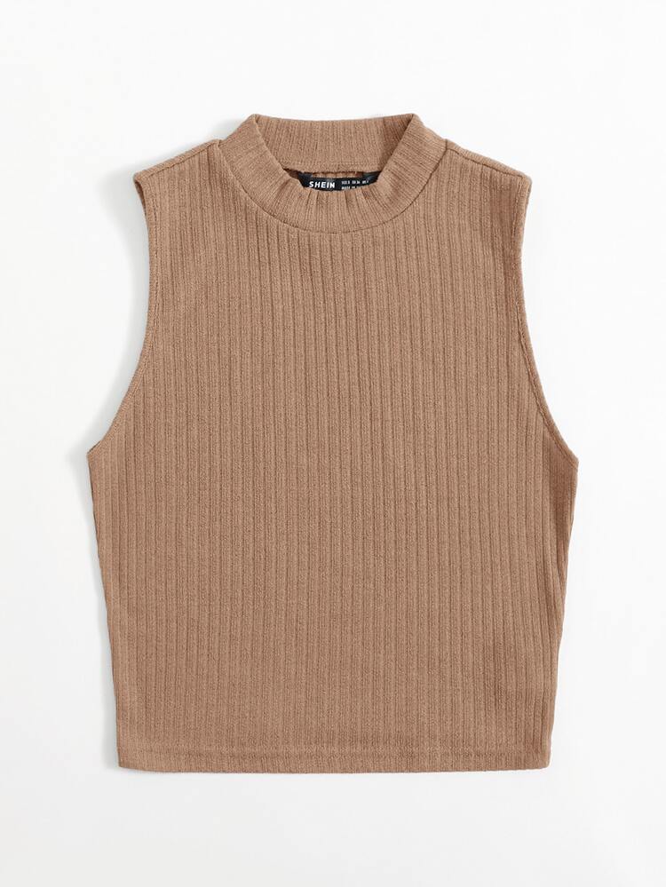 SHEIN EZwear Solid Crop Rib-knit Tank Top - Khaki - View 3
