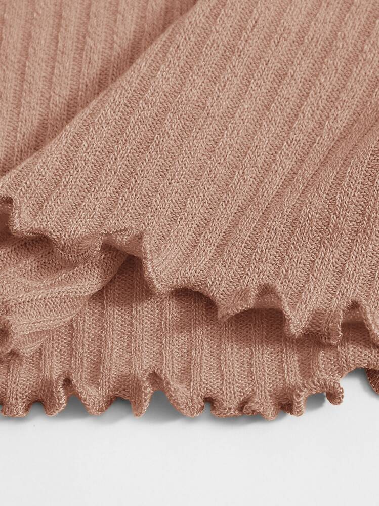 SHEIN EZwear Plus Solid Lettuce Trim Rib-knit Bodycon Dress - Apricot - View 3