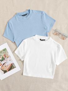 Muchica 2 Packs Women Solid Color Rib-Knit Tee - Blue and White - View 1