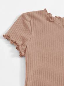 SHEIN EZwear Plus Solid Lettuce Trim Rib-knit Bodycon Dress - Apricot - View 4