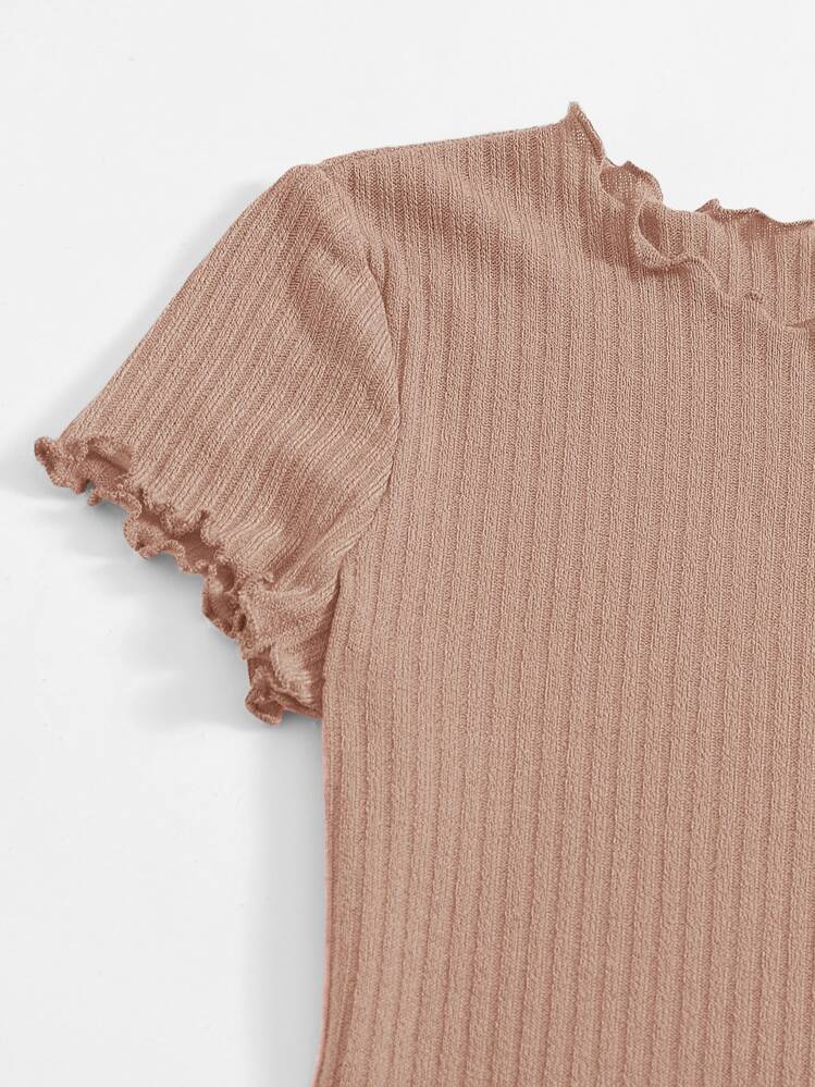 SHEIN EZwear Plus Solid Lettuce Trim Rib-knit Bodycon Dress - Apricot - View 4