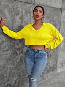 SHEIN Áo thun Gân đan màu trơn Giải trí - Màu vàng - Xem 3