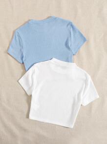 Muchica 2 Packs Women Solid Color Rib-Knit Tee - Blue and White - View 2