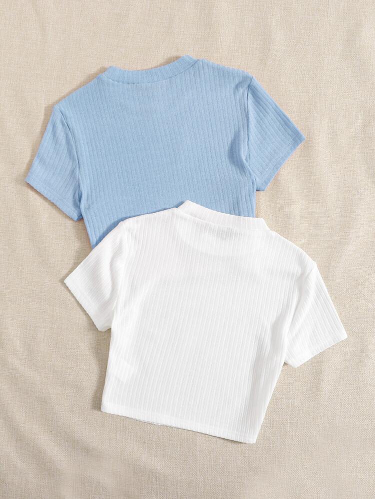 Muchica 2 Packs Women Solid Color Rib-Knit Tee - Blue and White - View 2