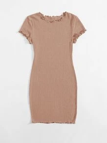 SHEIN EZwear Plus Solid Lettuce Trim Rib-knit Bodycon Dress - Apricot - View 5