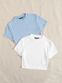 Muchica 2 Packs Women Solid Color Rib-Knit Tee - Blue and White - View 3