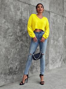 SHEIN Áo thun Gân đan màu trơn Giải trí - Màu vàng - Xem 4