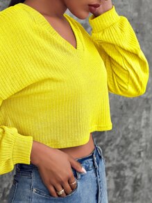 SHEIN Áo thun Gân đan màu trơn Giải trí - Màu vàng - Xem 5