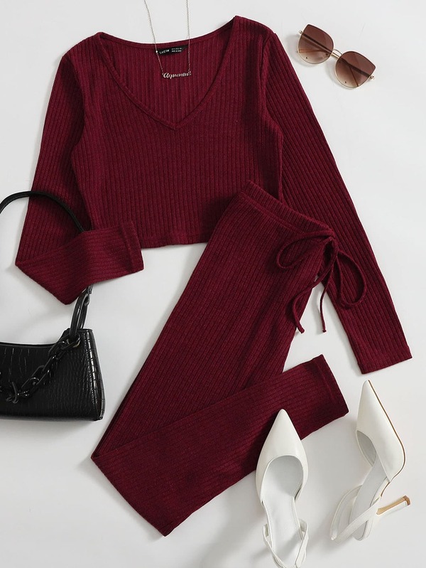 SHEIN Essnce Ribbed V-Neck Crop Top & Drawstring Leggings Set