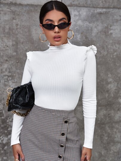 Firerie Ribbed Ruffled Mock Neck White Tee