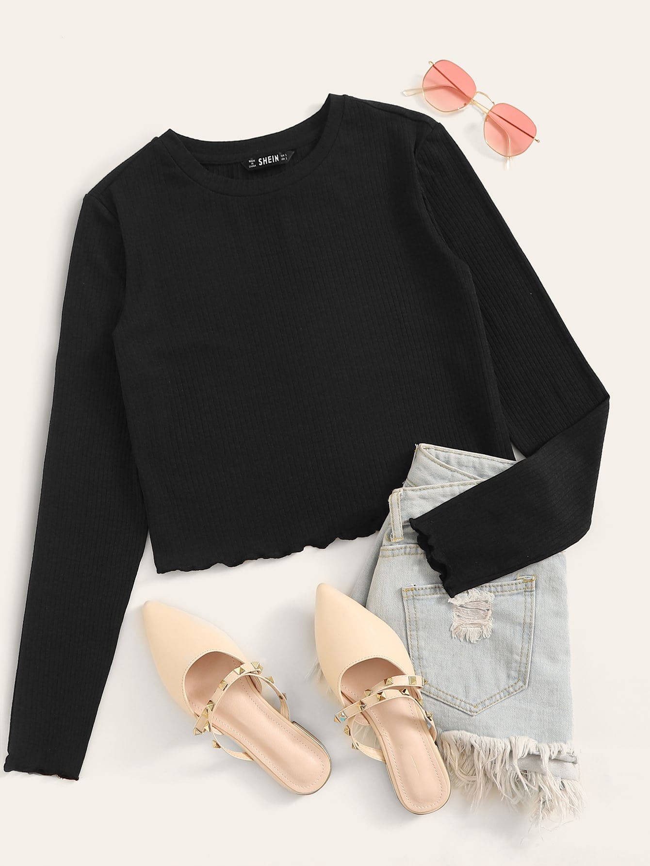 SHEIN EZwear Top tejido de canalé ribete en forma de lechuga unicolor - grande - Negro - Ver 1