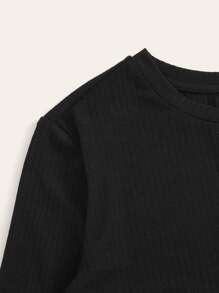 SHEIN EZwear Top tejido de canalé ribete en forma de lechuga unicolor - grande - Negro - Ver 3