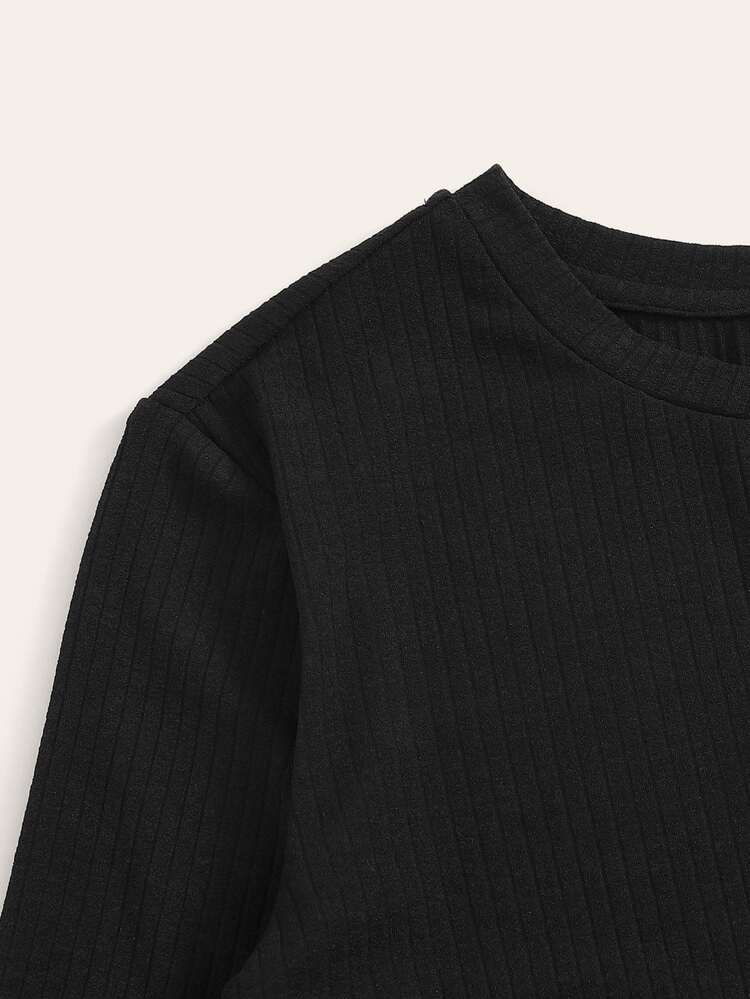 SHEIN EZwear Top tejido de canalé ribete en forma de lechuga unicolor - grande - Negro - Añade 3