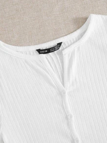 SHEIN EZwear 前紐扣生菜邊羅紋針織t恤 - 白色 - 查看 4