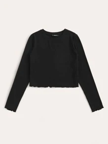 SHEIN EZwear Top tejido de canalé ribete en forma de lechuga unicolor - grande - Negro - Ver 5