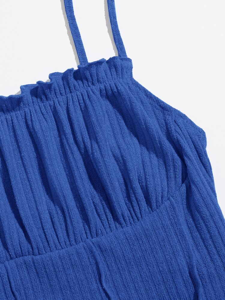SHEIN EZwear 褶邊前抽褶羅紋針織吊帶上衣 - 寶藍色 - 查看 4