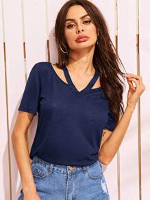 SHEIN LUNE Áo thun Cắt ra màu trơn Hải quân Casual - Màu xanh hải quân - Xem 1