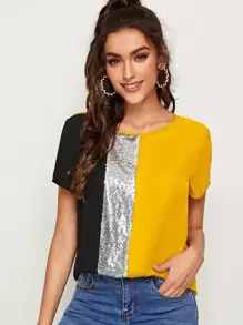 SHEIN Clasi 拼接亮片面拼色上衣 - 黃色 - 查看 1