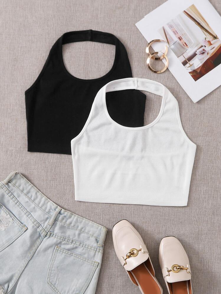 Muchica 2 Packs Women Solid Color Halter Top - Black and White - View 1