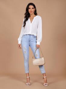 SHEIN Clasi Áo sơ mi Nút màu trơn Giải trí - trắng - Xem 3