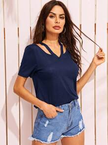 SHEIN LUNE Áo thun Cắt ra màu trơn Hải quân Casual - Màu xanh hải quân - Xem 4