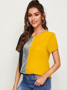 SHEIN Clasi 拼接亮片面拼色上衣 - 黃色 - 查看 4