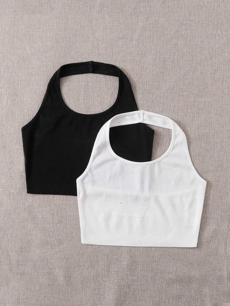 Muchica 2 Packs Women Solid Color Halter Top - Black and White - View 3