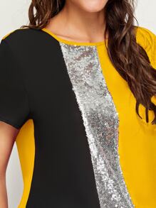 SHEIN Clasi 拼接亮片面拼色上衣 - 黃色 - 查看 5