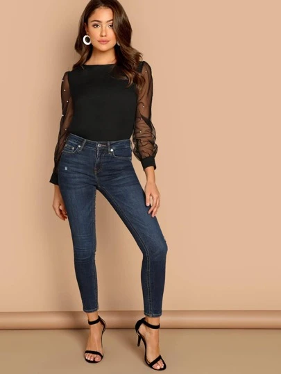 SHEIN Privé Faux Pearl Sheer Mesh Sleeve Top