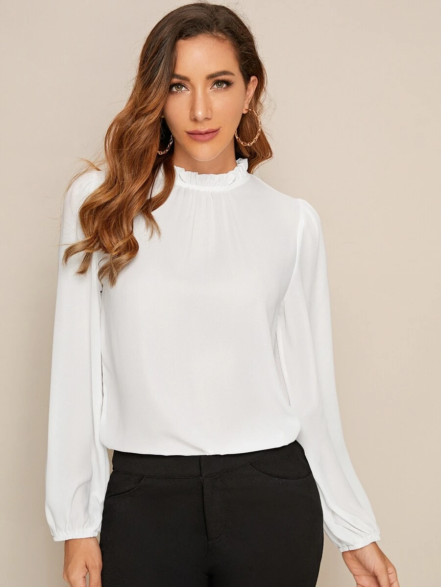 SHEIN Clasi Frilled Neck Puff Sleeve Top - White - View 1