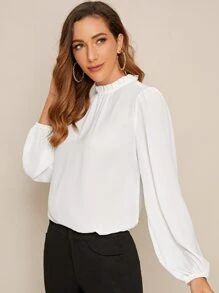 SHEIN Clasi Frilled Neck Puff Sleeve Top - White - View 4