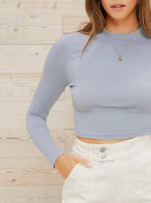 SHEIN Essnce 合適合身長袖短版上衣 - 霧霾藍 - 查看 4