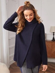 SHEIN Maternity Funnel Neck Wrap Front Sweatshirt - Navy Blue - View 1