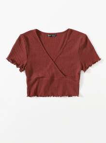 SHEIN EZwear 交叉領生菜邊T恤 - 鏽棕色 - 查看 3