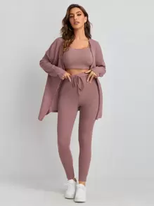 SHEIN Essnce 華夫格針織背心上衣和緊身褲套裝帶外套 - 藕粉色 - 查看 5