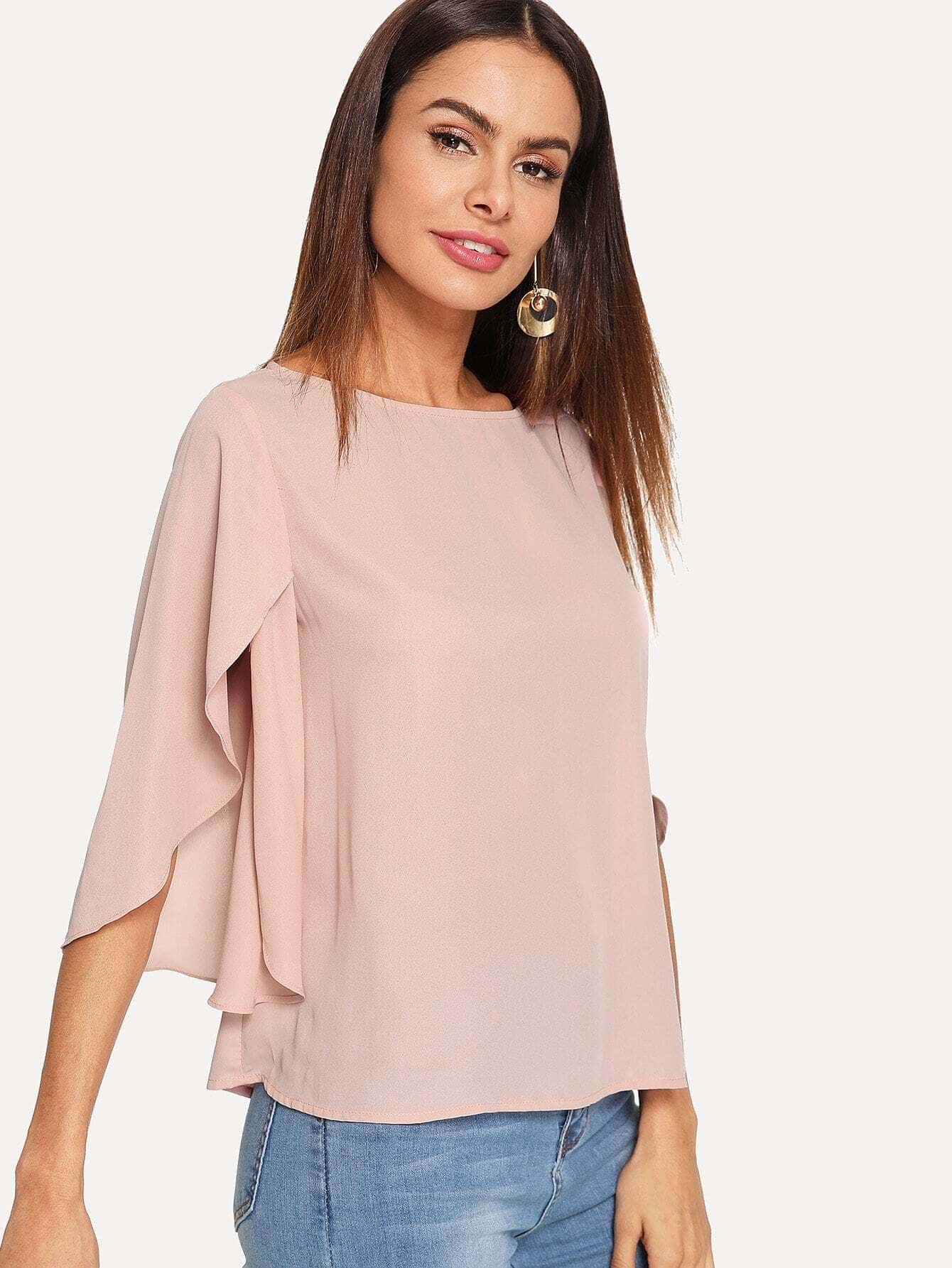 SHEIN Clasi Butterfly Split Sleeve Plain Top - Baby Pink - View 5