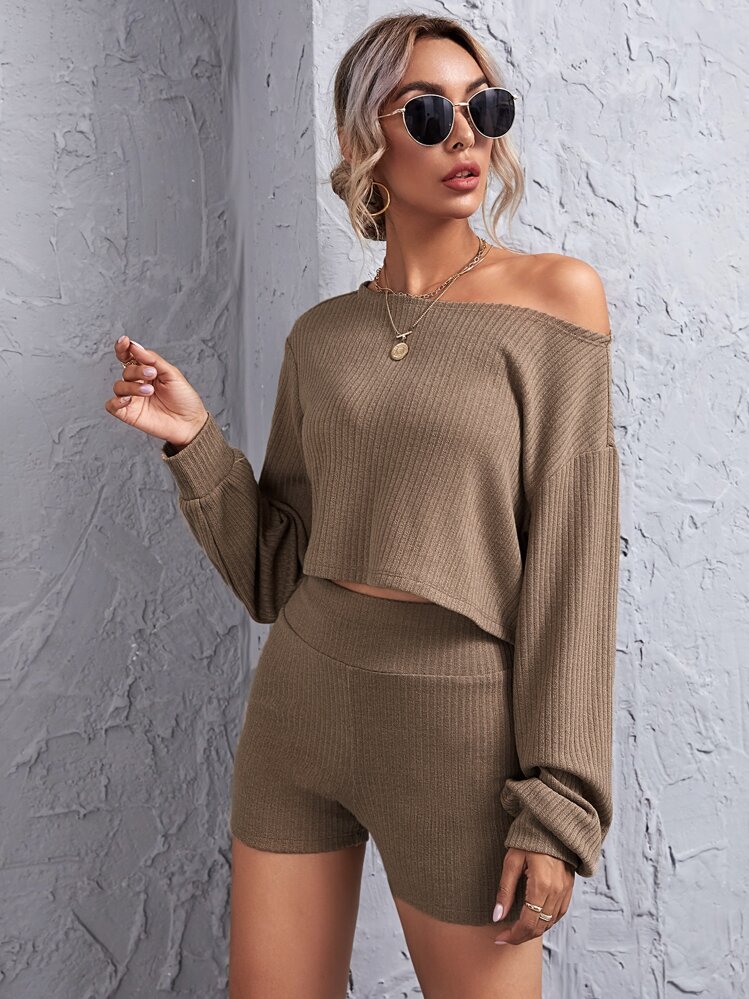 SHEIN Essnce Bộ thời trang Bất đối xứng màu trơn Giải trí - Màu nâu  Mocha - Xem 5