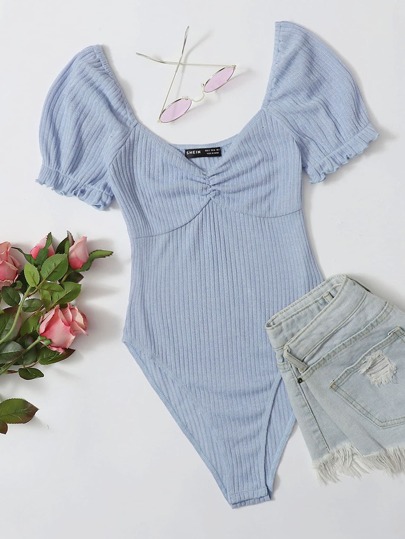 Body tejido de canalé de pecho fruncido de manga farol fruncido