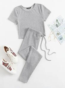 Muchica Rib-knit Tee & Tie Waist Leggings Set - Light Grey - View 1