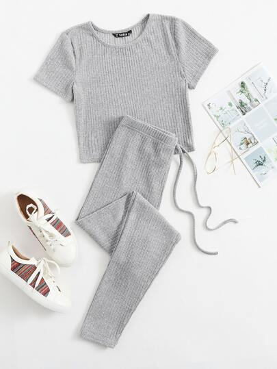 Muchica Rib-knit Tee & Tie Waist Leggings Set
