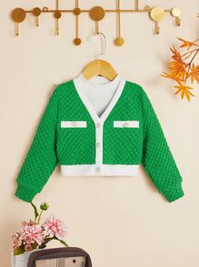 SHEIN Toddler Girls Contrast Trim Crop Jacket - Green - View 1