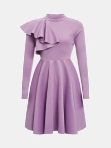 SHEIN Chica Joven Vestido de cuello alto ribete con fruncido flor - Lila Púrpura - Ver 9