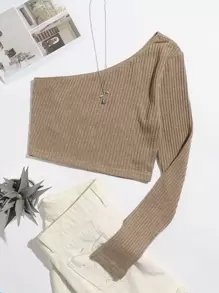 SHEIN EZwear Áo thun Gân đan màu trơn Giải trí - Màu Khaki - Xem 1