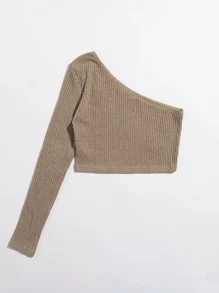 SHEIN EZwear Áo thun Gân đan màu trơn Giải trí - Màu Khaki - Xem 2