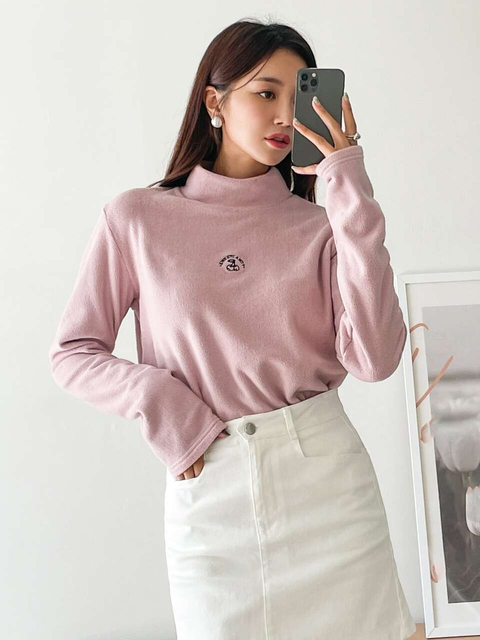 Letter & Cherry Embroidery Mock Neck Fleece Tee