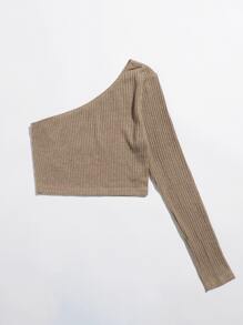 SHEIN EZwear Áo thun Gân đan màu trơn Giải trí - Màu Khaki - Xem 4