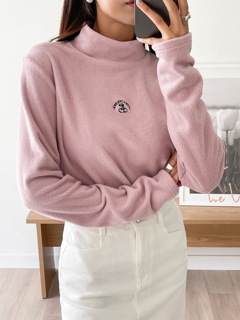 Letter & Cherry Embroidery Mock Neck Fleece Tee