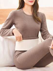 DAZY Solid Round Neck Thermal Underwear Set - Apricot - View 1