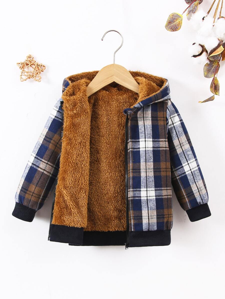 SHEIN Young Boy Toddler Boys Plaid Teddy Lined Hooded Jacket