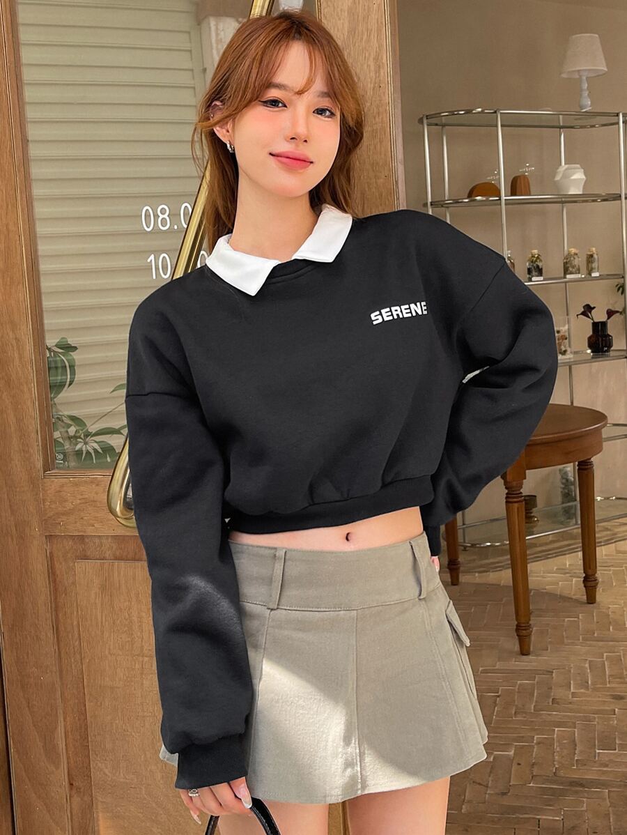 DAZY Letter Graphic Contrast Collar Drop Shoulder Pullover - Black - View 1